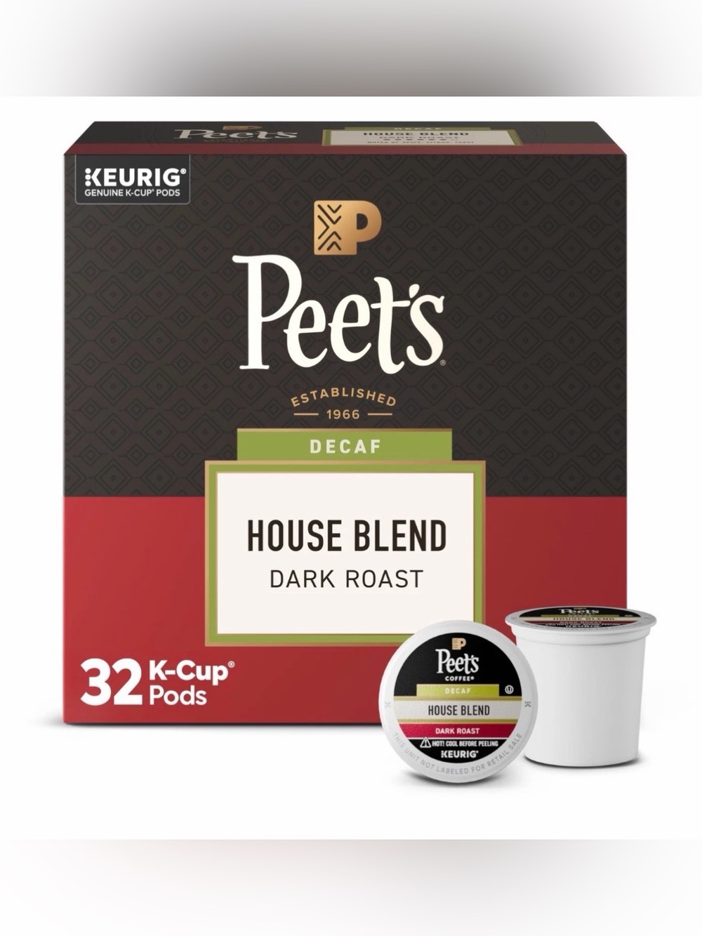 Peet's Coffee Coffee Pods, Dark Roast, Decaf House Blend, 32 K Cups
